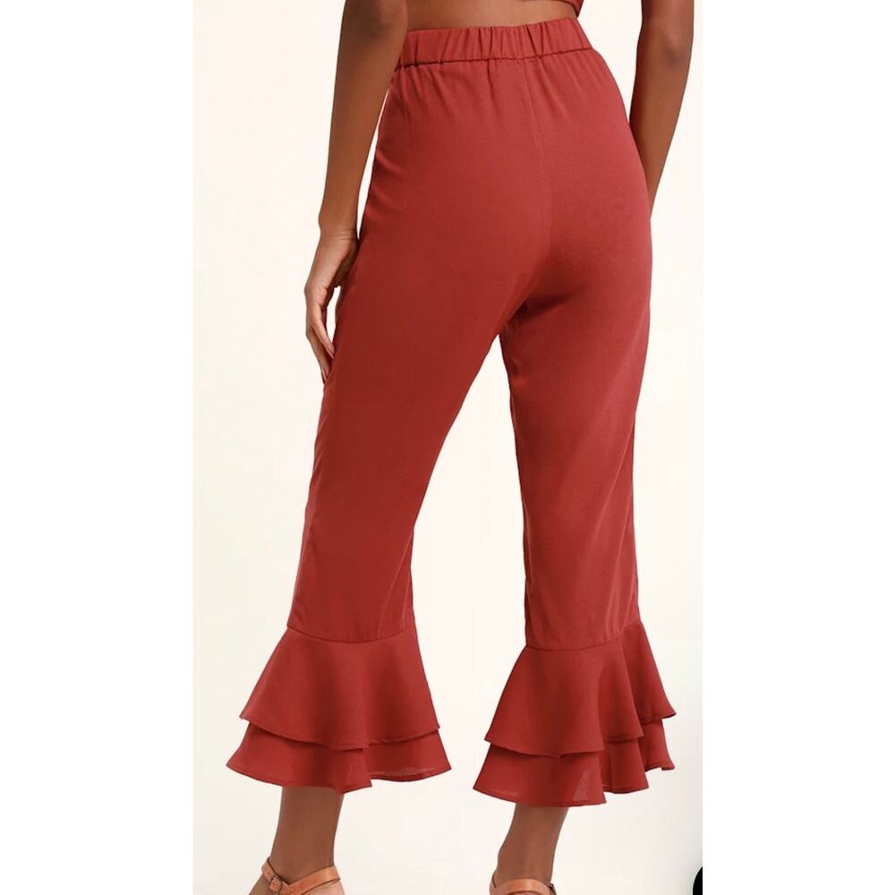 LULU'S‎ Everyday I'm Rufflin' Rust Red Cropped Ruffle Hem Pants size Small - Picture 2 of 8